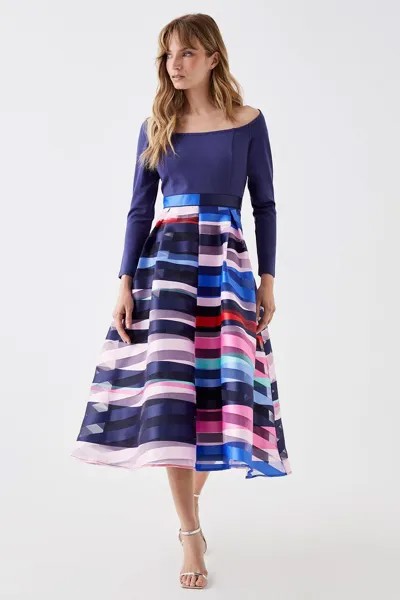 Платье миди с вырезом лодочкой и длинными рукавами 2 в 1 и юбкой из твила Coast, темно-синий