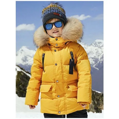 Куртка L'addobbo зимняя, укороченная, стеганая, капюшон, карманы, отделка мехом, размер 104, желтый
