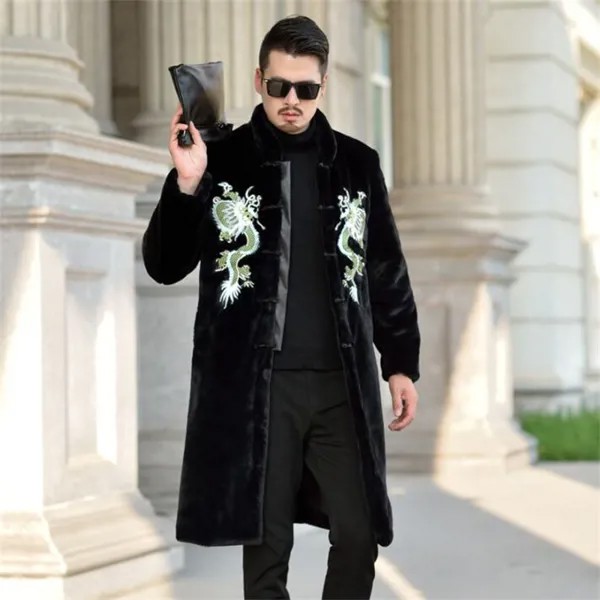 Кожаное пальто средней длины, мужская зимняя одежда из искусственного меха в китайском стиле, бархатная норковая одежда, куртка, куртка, верхняя одежда