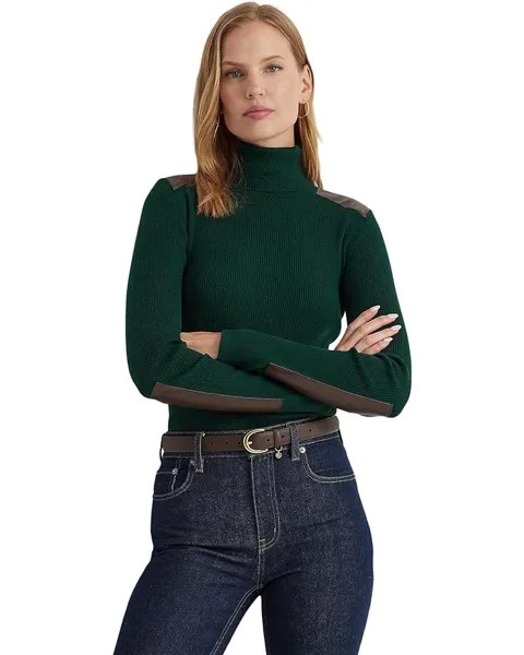 Свитер LAUREN Ralph Lauren Faux Leather-Trim Ribbed Turtleneck, цвет Season Green