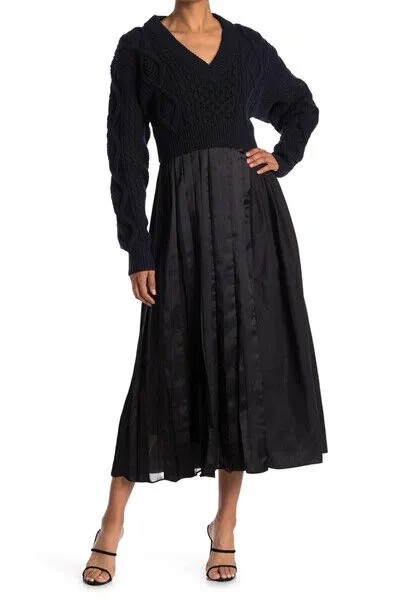 3.1 PHILLIP LIM Темно-черный арановый укороченный вязаный свитер плиссированное платье-комбинация 2 XS