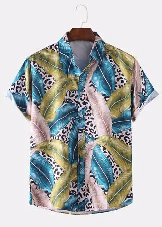 Mens Tropical Растение Цветочный леопардовый тукан с коротким рукавом с цветочным принтом Рубашка