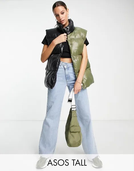 Черный и хаки блестящий блестящий жилет ASOS DESIGN Tall