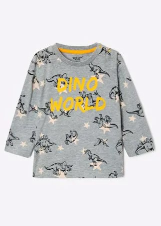 Серый лонгслив oversize с принтом DINO WORLD для мальчика Gloria Jeans