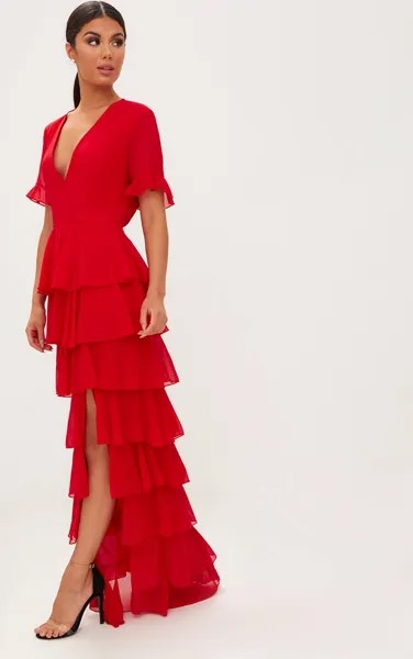 PrettyLittleThing Красное шифоновое многослойное платье макси с рюшами