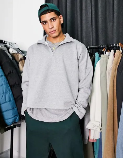 Серый меланжевый oversized-свитшот свободного кроя с короткой молнией ASOS DESIGN