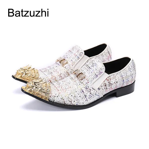 Batzuzhi, новинка 2021, мужская обувь, Золотой металлический носок, кожаные туфли, мужские слипоны, белые, блестящие, обувь для вечеринки и свадьбы ...