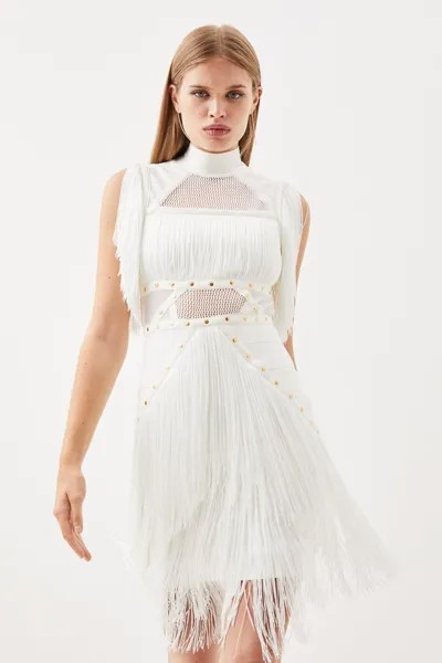 Бандажное мини-платье с заклепками и бахромой Karen Millen, белый