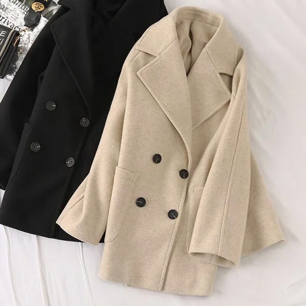 Однотонное черное двубортное шерстяное пальто с отложным воротником зимняя одежда для женщин элегантные персиковые большие пальто и куртки 4XL