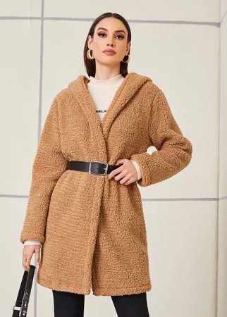 Пальто с капюшоном с поясом из флиса