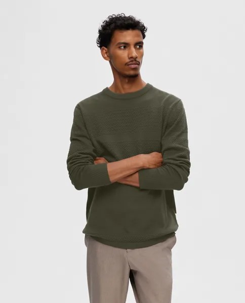 Мужской свитер в полоску с круглым вырезом Selected, военно-зеленый