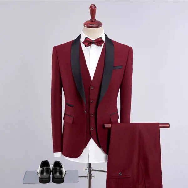 Облегающие свадебные костюмы бордового и красного цвета, смокинги для ухода, мужские деловые костюмы из 2 предметов, пиджак, жилет и брюки