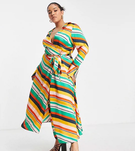 Платье миди в яркую разноцветную полоску с запахом и воротником ASOS DESIGN Curve-Разноцветный