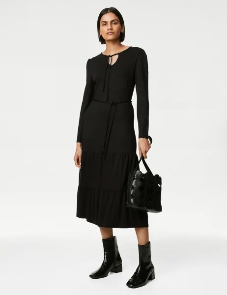 Многоярусное платье Midaxi из джерси с завязками и поясом Marks & Spencer, черный