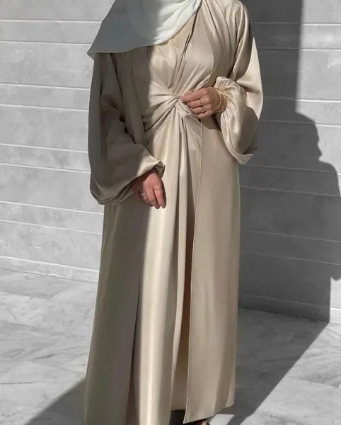 Женский сатиновый костюм, мусульманский комплект из 2 предметов, хиджаб, накидка, кимоно, Дубай, Турция