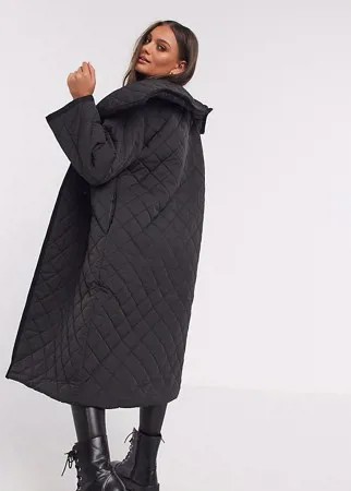 Черное стеганое пальто макси ASOS DESIGN Petite-Черный
