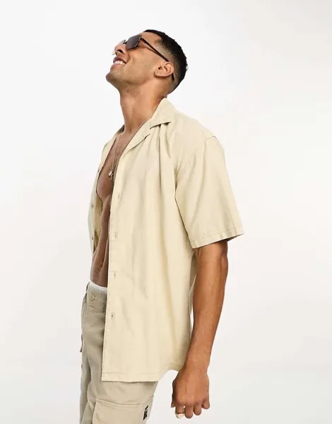 Песочная льняная рубашка с воротником-стойкой Pull&Bear