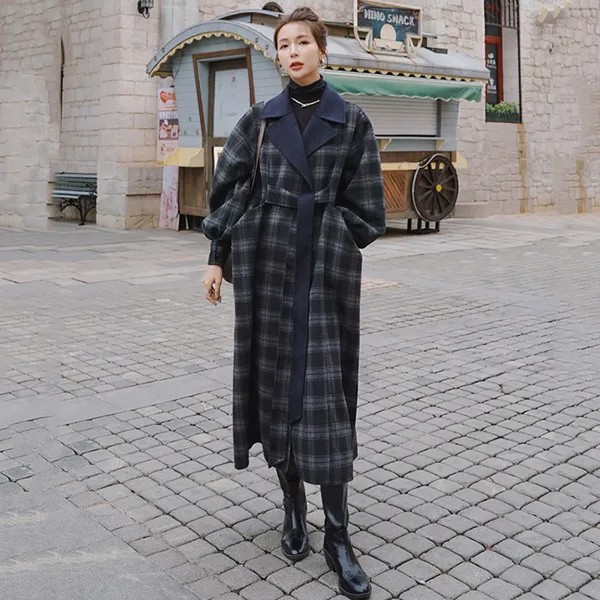 Женское шерстяное пальто, длинное, зимнее, в клетку, повседневное, дамский плащ в Корейском стиле ретро, плотное, свободное, с лацканами