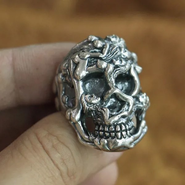 Сексуальное кольцо с голой девушкой в виде черепа, искусственное серебряное мужское байкерское кольцо в стиле панк, TA122, американский размер 7 ~ 15