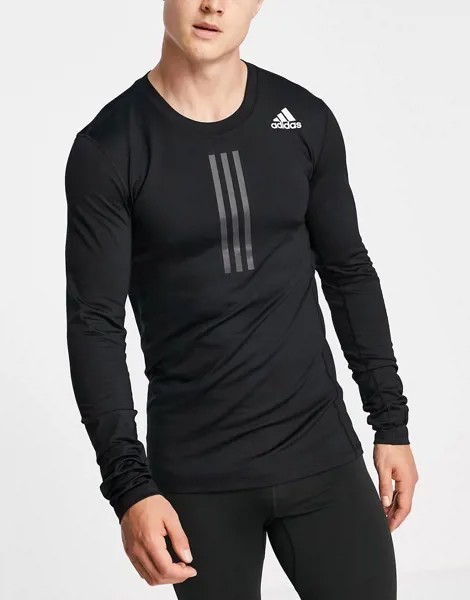 Теплый базовый лонгслив черного цвета с тремя полосками в тон adidas Training Techfit-Черный цвет