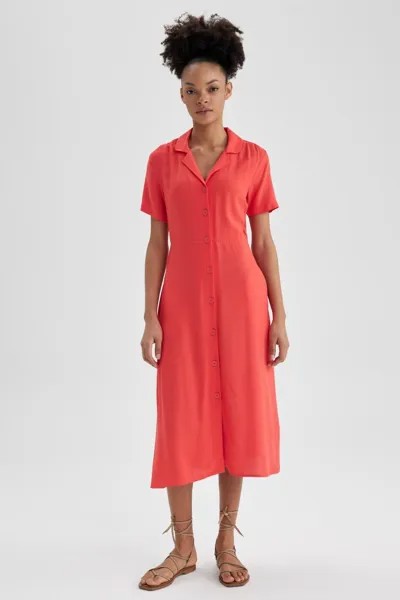 Платье-трапеция с рубашкой и миди с короткими рукавами и короткими рукавами DeFacto, красный