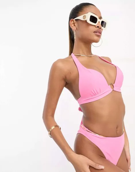 Розовый комплект бикини с воротником-хомутом и кольцом South Beach