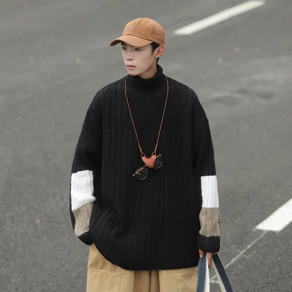 Японский Повседневный свитер в стиле пэчворк с рукавами, мужские пуловеры в Вертикальную Полоску, роскошная водолазка, вязаный джемпер, Осе...