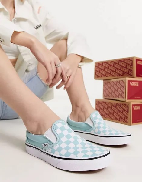 Классические слипоны Vans в голубую шахматную клетку