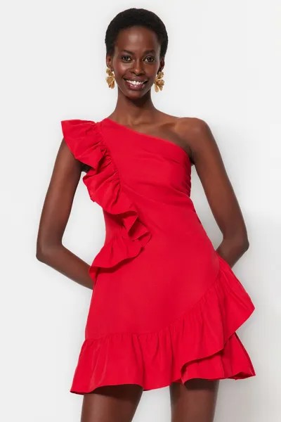 Красное вечернее платье из поплина с открытой талией и воланами Trendyol, красный