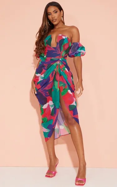PrettyLittleThing Платье миди с драпировкой и пышными рукавами с разноцветным абстрактным принтом и проволочной деталью