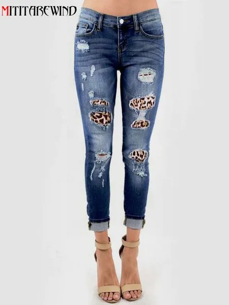 Женские джинсовые брюки со средней талией, Модные леопардовые рваные джинсовые брюки с дырками, женские Стрейчевые джинсы