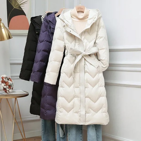 Легкий пуховик с капюшоном для женщин средней длины Осень-Зима корейские модные пальто облегающий элегантный Тренч с поясом и длинным рукавом Куртка