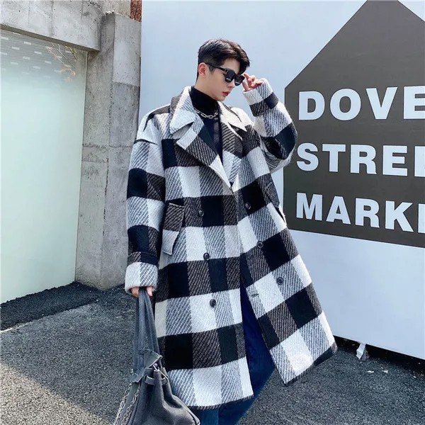 Высококачественное шерстяное пальто корейский дизайн мужское винтажное клетчатое двубортное толстое пальто из твида на осень и зиму 2022