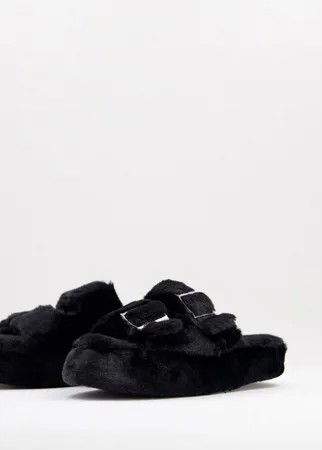 Пушистые черные слиперы-шлепанцы с двумя ремешками с пряжками New Look-Черный цвет