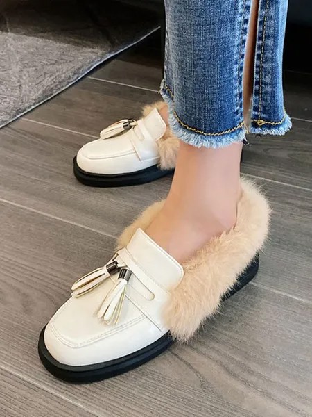 Milanoo Women Loafers White Round Toe Casual Shoes Artificial Short Plush Tassels Women\'s Shoes