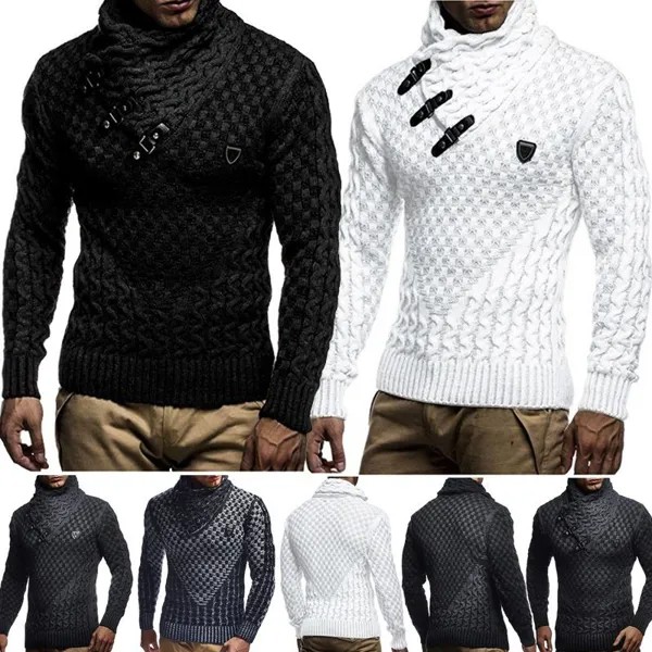 Мужская мода Вязаный свитер Осень Зима Капот Шея Пуловер Slim Fit Свитер