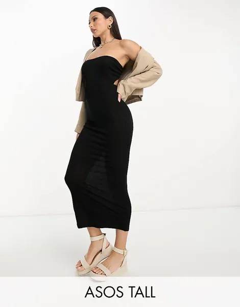 Черное пляжное платье макси в рубчик с вырезом-бандо ASOS DESIGN Tall