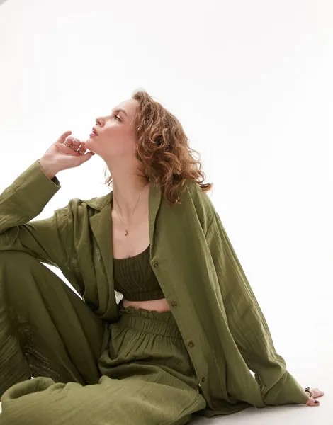 Координатная фактурная пляжная рубашка Topshop оливкового цвета