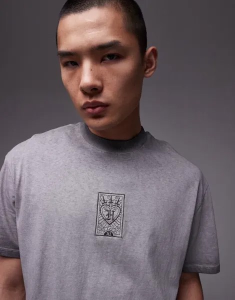 Topman — черная футболка оверсайз с выцветшей игральной картой