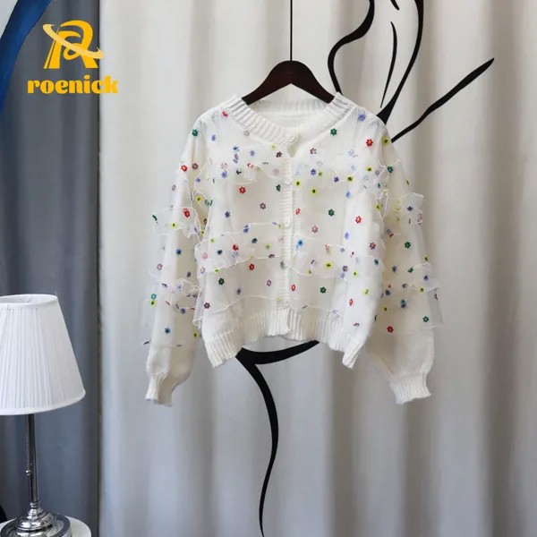 Женский свободный вязаный кардиган ROENICK в Корейском стиле, осенне-зимний сетчатый свитер в стиле пэчворк с вышивкой, пальто, топы с длинными ...