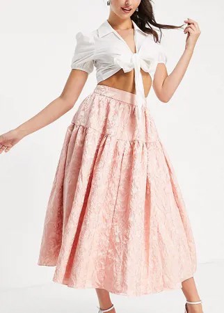Ярусная фактурная юбка миди розового цвета для выпускного от комплекта Collective The Label-Розовый цвет