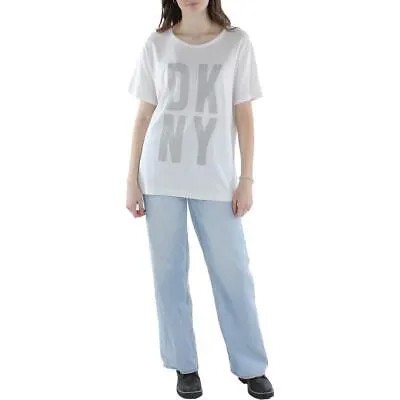 Женская белая пуловерная футболка с логотипом DKNY, топ L BHFO 4954