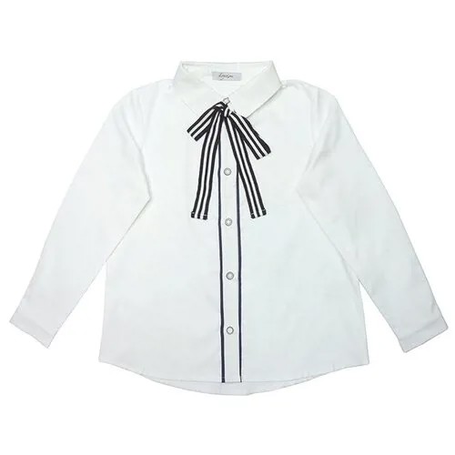 Белая школьная блузка с бантом и контрастной планкой 158