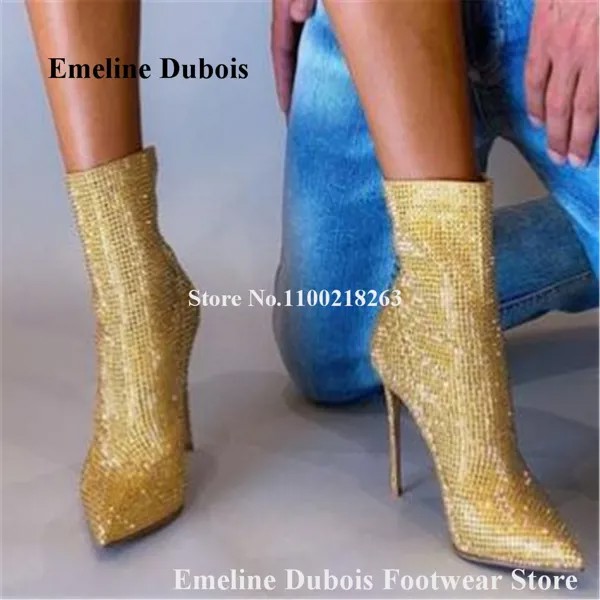 Блестящие блестящие золотые черные стразы ботильоны Emeline duplus заостренный носок со стразами на шпильке короткие ботинки блестящие на каблуке