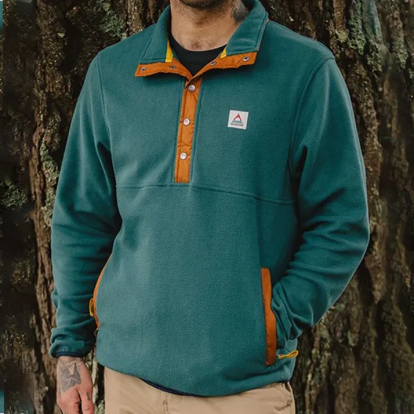 Мужская флисовая толстовка Henley с винтажным контрастным этническим рисунком переработанное флисовое пальто по течению
