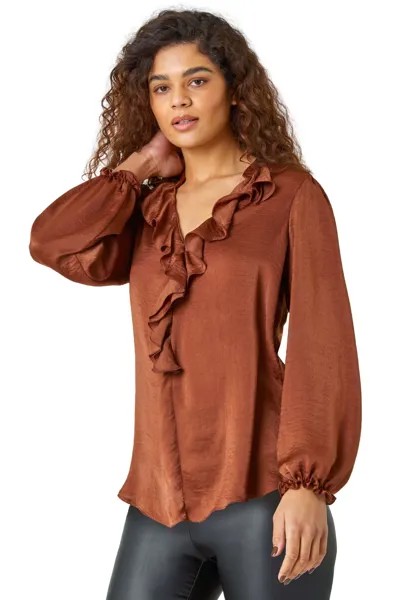 Атласная блузка с рюшами на воротнике Roman, коричневый