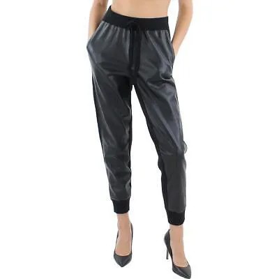 Женские черные удобные брюки-джоггеры из искусственной кожи с ребристой отделкой цвета морской волны M BHFO 4654