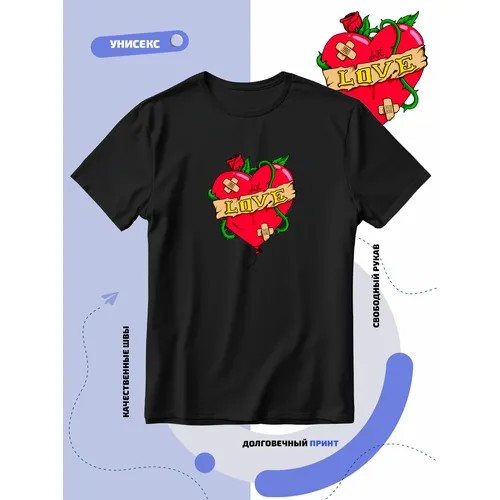 Футболка SMAIL-P love на шарике в виде сердца обмотанный розами, размер L, черный