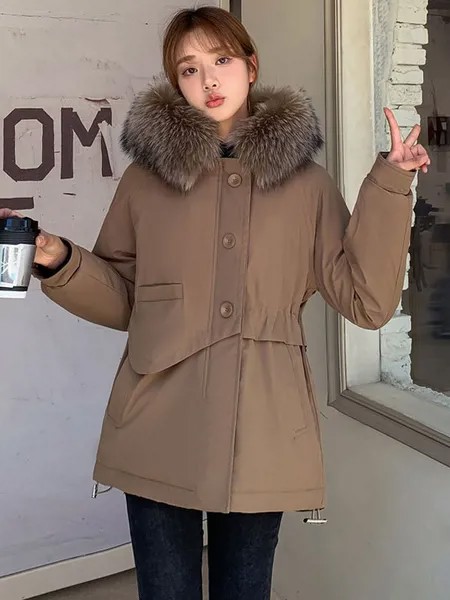 Milanoo Puffer Coats For Women Warmth Preservation Hooded Zipper Faux Fur Collar Long Sleeves Coffee