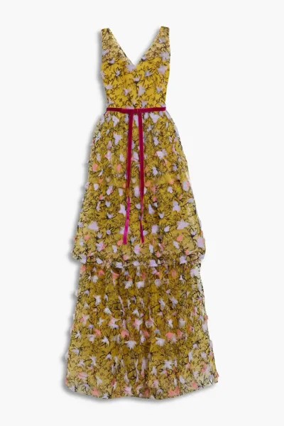 Ярусное платье из тюля с декором Marchesa Notte, горчица